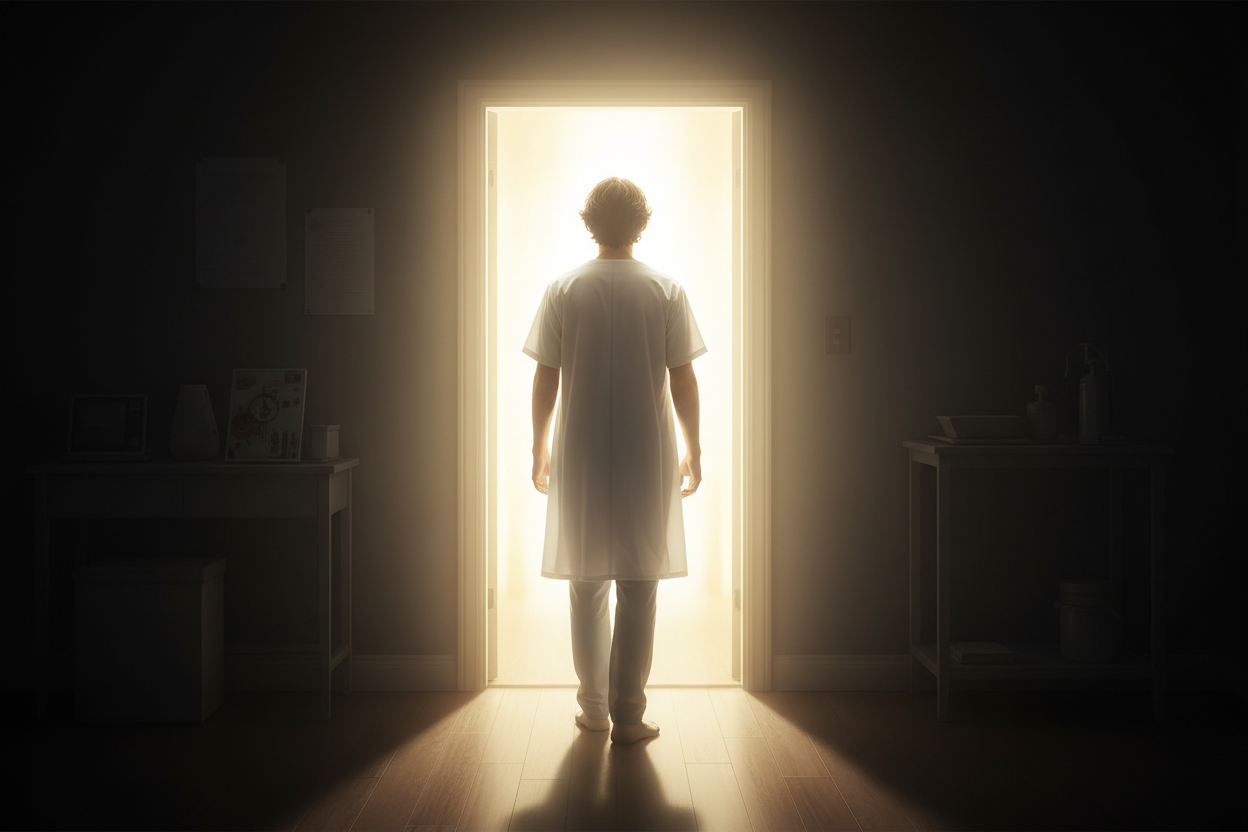 Ein Bild von einem Mann, der einen Kittel trägt. Man sieht aber nur seine Hinterseite. Er hat braune Haare die leicht gewellt sind. Er steht vor einer Tür. Man sieht, dass er in diese Tür eintreten will. Der Raum ist dunkel, die Tür aber leuchtet.