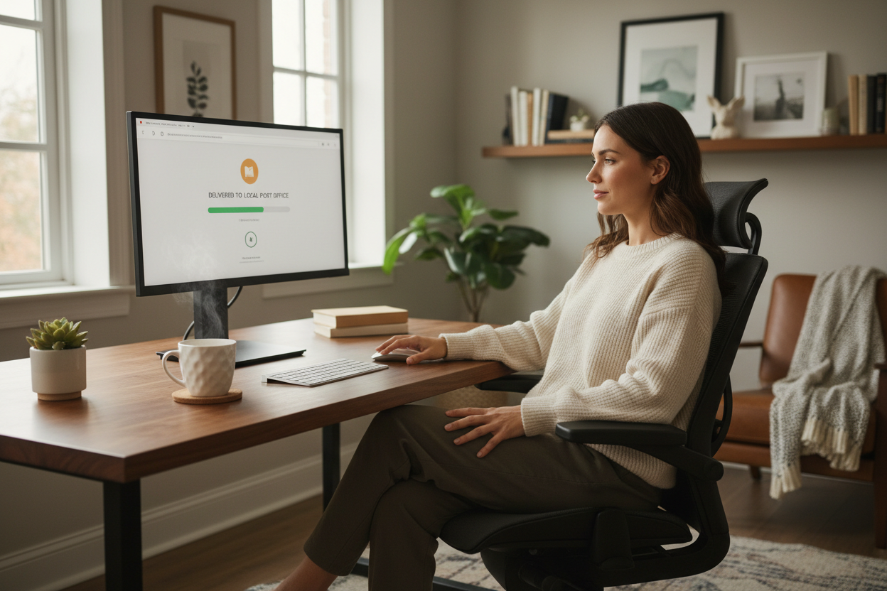 eine frau die zuhause am PC sitzt und gerade ihre post verfolgen kann. sie sieht entspannt und zufrieden aus. hat noch eine Tasse Kaffee naben sich.