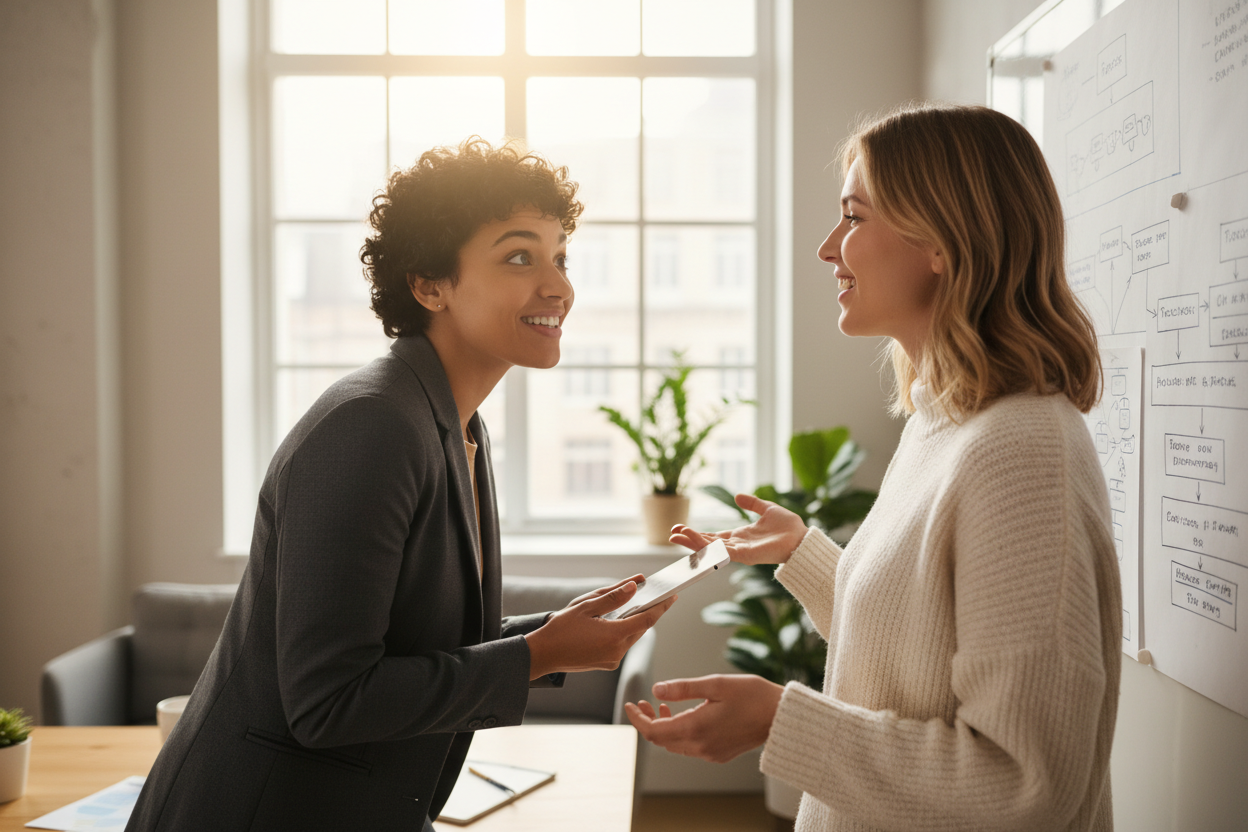 eine person die eine frage stellt und eine person die antwortet. die fragende person soll einen aha Effekt erleben und zufrieden aussehen.